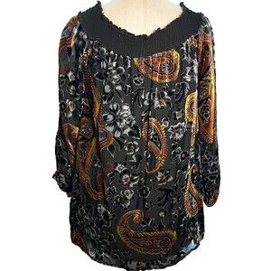 Women’s Tribal Jeans Blouse Black Sheer  Paisley Lined‎ Top Size Small